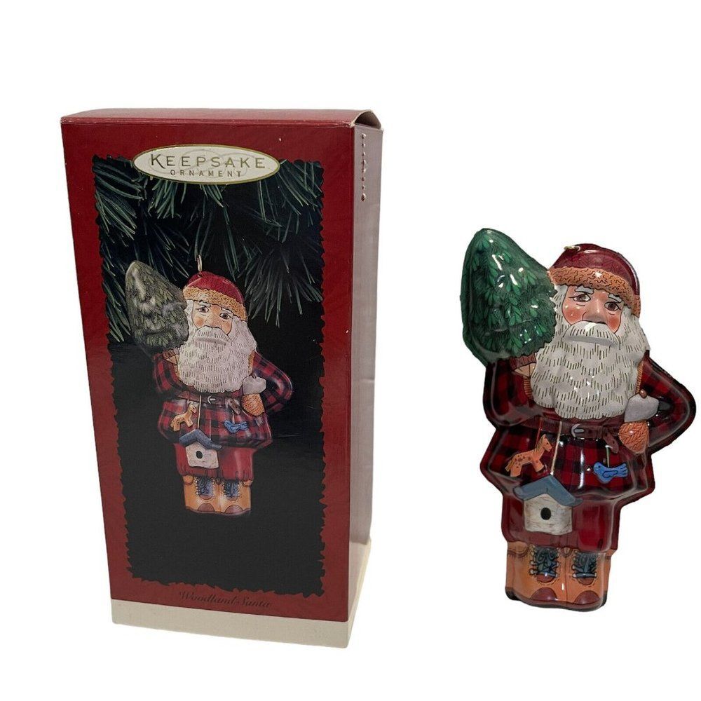 Vintage 1996 Hallmark Christmas Tree Ornament Pressed Tin Woodland Santa Flannel